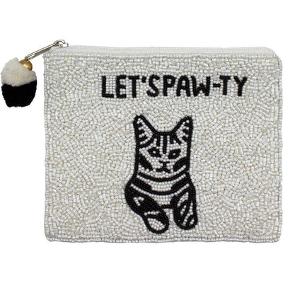 The Let's Paw-ty Beaded Coin Pouch by Pizzazz, Inc. is a cute white cat-themed bag with black and white beads, "LETS PAW-TY" embroidery, and a matching tassel—an adorable addition to any cat lover's collection.