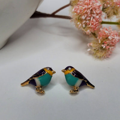 BETTYOH INC 3D Style Hand Painted Bird Post Earrings in blue and green feature detailed designs beside pink flowers and comfortable titanium posts, perfect for sensitive ears.