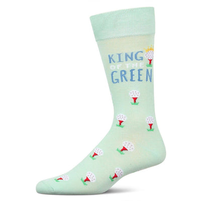 Infinity Classics International Inc.’s King of the Green Men’s Bamboo Crew features light green socks with golf balls on tees, “KING OF THE GREEN” near the top, a crowned “I,” and moisture-wicking bamboo fabric for comfort.