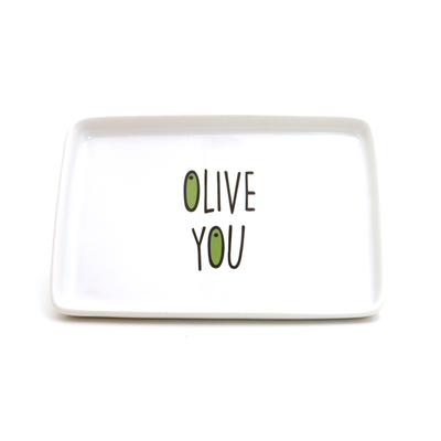 The Olive You, Olive Oil Dipping Dish by Lenny Mud is a white rectangular stoneware plate featuring OLIVE YOU with green olive illustrations, making it a charming hostess gift or stylish dish for serving olive oil.