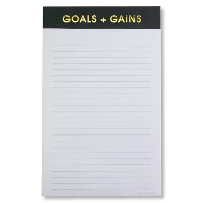 The Chez Gagné Goals + Gains Lined Notepad features a black header with gold "GOALS + GAINS" text and evenly spaced lines, ideal for planning, productivity, and self-improvement.