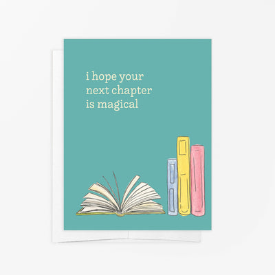 The emmy+olly Next Chapter Book Card Greeting Card is teal, made with sustainable materials, and features an illustration of books with the message: i hope your next chapter is magical.