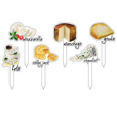 Show off your charcuterie with XO ACRYLICS | ACRYLIC STICKS’ Cheese Lovers Fromage Acrylic Sticks Combo—featuring reusable tags with handwritten-style labels for mozzarella, feta, colby jack, manchego, gouda & roquefort.