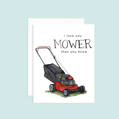 The Grace Langdon Art Fathers Day card, Love You Mower Than You Know, features a hand-drawn lawn mower with the text I love you MOWER than you know on a light blue background. This A2 size card is printed on watercolor texture paper and is blank inside for your personal message.