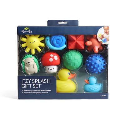 The Itzy Ritzy Itzy Splash Gift Set™ Soft Bath Toys includes 10 bath toys, such as a sun, snail, red cube, hedgehog, mushroom, green ball, textured blue ball, yellow duck, and blue duck. Perfect for kids 6 months and older to enhance motor skills during bath time fun.