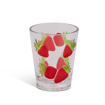 The Core Home Strawberry Print 15oz Embossed Acrylic Tumbler is a clear, shatterproof cup featuring an embossed strawberry and green leaf design around its sides.