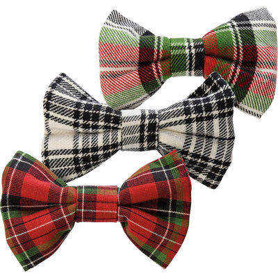 The Primitives by Kathy Christmas Plaid Large Pet Bow Tie Set features three unique fabric bow ties in festive red, green, black, and white plaids—perfect large accessories to dress up your pet for holiday celebrations.