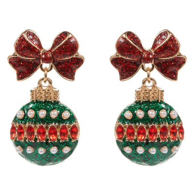 Brighten up your style with Golden Stella's Glitter Bow Ornament Earrings, featuring sparkling red bows and dangling green and red ornaments accented with pearls and rhinestones.
