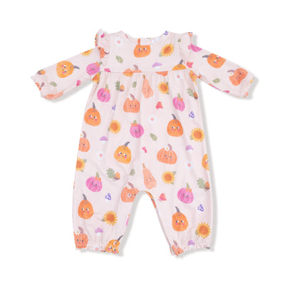 The Pink Autumn Pumpkins Ruffle Sleeve Romper by Angel Dear features ruffled shoulders, soft bamboo viscose and spandex, and a colorful pumpkin and floral print on white. Machine washable for easy care.