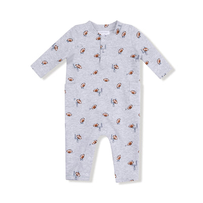 The French Terry Football Field Goal Uni Romper by Angel Dear is a light gray long-sleeve romper made from soft organic cotton with spandex, featuring football and goalpost patterns plus snap buttons for easy changing.