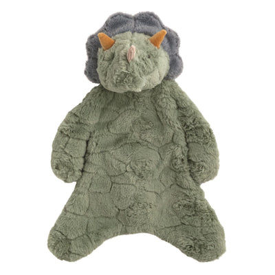 Bernard The Dino Plush Woobie by Mud Pie is a soft green dinosaur toy with a textured body, gray frill, and two orange horns, laying flat with outstretched arms and legs for cuddly comfort.