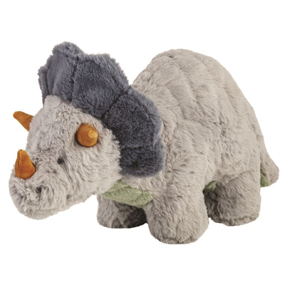 Monty the Dino Plush Pal by Mud Pie is a soft, cozy faux fur gray triceratops toy with dark gray frills, orange horns and eyes, plus a weighted seat for extra cuddly comfort.