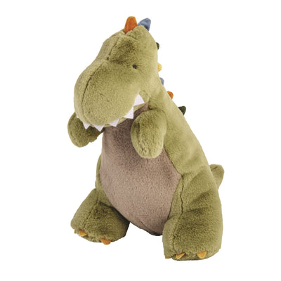 Rex the Dino Plush Pal by Mud Pie is a soft, green faux fur dinosaur with a light brown belly, orange head spikes, felt teeth, small arms and feet. It sits upright with a weighted seat for stability.