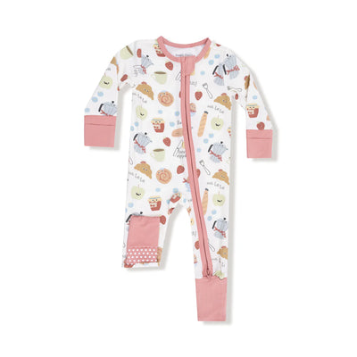 The Bonjour Breakfast Two-Way Zipper Romper by Angel Dear features long sleeves, playful food prints, fold-over pink cuffs, and a matching pink zipper—blending comfort and style for your little one.