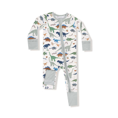 The Angel Dear Washy Dinos Two-Way Zipper Romper is a white, long-sleeve sleeper with gray cuffs and colorful dinosaur prints, featuring a diagonal two-way zipper from collar to leg for easy changes.