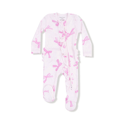 The Pretty Bows Ribbed Two-Way Ruffle Back Zipper Footie by Angel Dear is a pink and white long-sleeve baby onesie with pink bow patterns, a front zipper, ruffle back, fold-over cuffs, and footed legs.