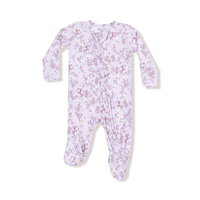 The Sweet Dream Florals Two-Way Zipper Ruffle Back Footie by Angel Dear features long sleeves, a floral pattern with pink and purple flowers, and a ruffle along the front zipper.