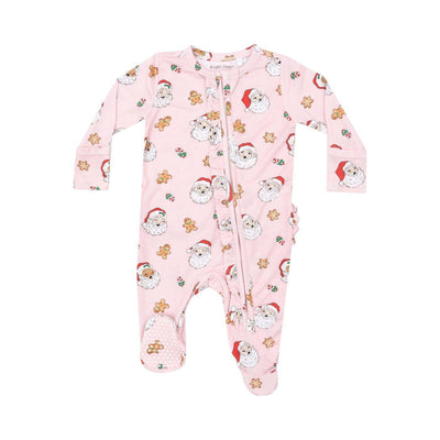 The Pink Vintage Santas Two-Way Zipper Footie by Angel Dear features long sleeves, feet, and festive Santa prints. This cozy footie includes an asymmetrical two-way zip closure from neck to leg for easy changes.