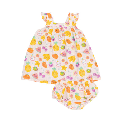 The Tropical Fruit Market Sundress & Diaper Cover by Angel Dear is a colorful toddler set made from soft, washable cotton with vibrant pineapple, citrus, and strawberry patterns on white. It features ruffled sleeves and a gathered skirt for an adorable look.