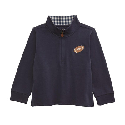 Mud Pie Football Quarter Zip is a navy, long-sleeve childrens pullover made from 100% cotton, featuring an embroidered football patch on the left chest, quarter zip neckline, and plaid inner lining.