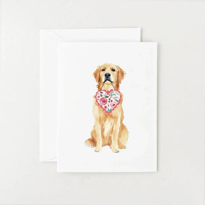 golden retriever holding heart card