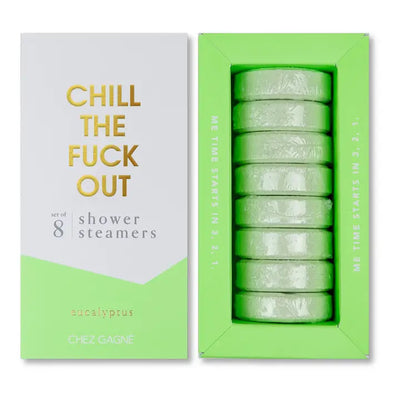 Chez Gagnés Chill the Fuck Out Shower Steamers - Eucalyptus come as a set of 8 light green, phthalate-free aromatherapy tabs in a box with gold text, for a relaxing shower experience.
