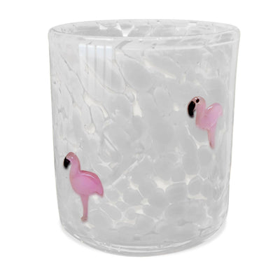 A clear glass tumbler features a textured surface with two pink flamingos. Pair it with The SOi Companys Pink Flamingo 12 oz White Flamingo Confetti Candle for a chic, matched look.