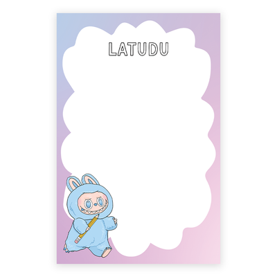 The Latudu Lafufu Notepad by Sammy Gorin LLC features a pastel gradient, cloud-shaped white space, LATUDU at the top, and a cute blue bunny character with a yellow bag. Includes sturdy backing and 50 sheets. Size: 5.5" x 8.5".