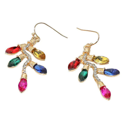 Golden Stella’s Dazzling Christmas Lights Earrings are gold dangle earrings shaped like tree branches, each adorned with six colorful teardrop gemstones and sparkling stones—perfect festive holiday jewelry.