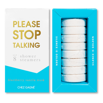 Chez Gagné’s Please Stop Talking Aromatherapy Shower Steamers, in soothing blackberry vanilla musk, come as a set of 8 white steamers in a blue tray marked “Silence Is Golden”—the perfect self-care gift.