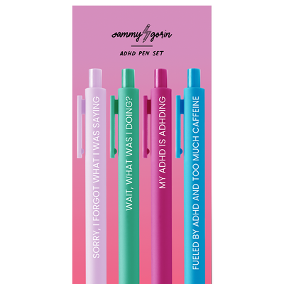 The Sammy Gorin LLC ADHD, ADD, Neurodivergent Pen Set includes four vibrant gel ink pens with quirky ADHD phrases on a pink and purple background, featuring smooth black ink and fun reminders like “SORRY” and “MY ADHD IS ADHDING.”.