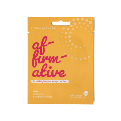 Affirmative Firm & Brighten Foil Under Eye Patches by Lemon Lavender (DM Merchandising) feature antioxidant-rich caviar, cnidium root, and bee propolis; bold yellow/orange packaging with pink/white text amps up any Korean skincare routine.