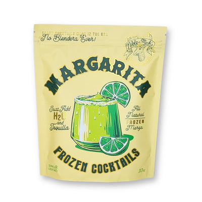 The yellow pouch of Margarita Frozen Cocktail by NOBLE MICKS features a margarita glass and lime slices, reading Just Add H2O and Tequila. It boasts All Natural Frozen Margs, needing no blender for pure, natural ingredients in a convenient 10 oz size.