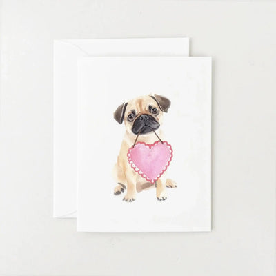 pug holding heart greeting card