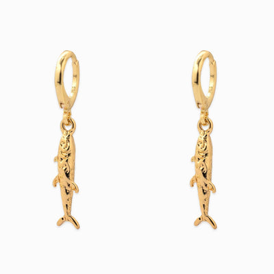 The Sessori Sea Life Sardine Fish Drop Earrings are gold hoops with dangling fish charms, perfect for embracing Sardinecore style. Displayed against a white background.