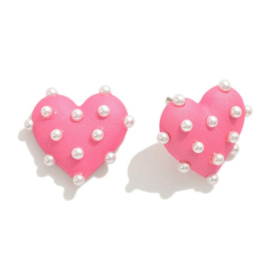 PEARL STUDDED PINK HEART EARRINGS