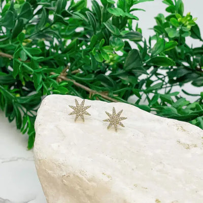 Prep Obsessed Wholesale Cubic Zirconia Starburst Stud Earrings—0.50 gold star-shaped studs with small gemstones, lead and nickel compliant, shown on a white stone amid green leafy plants.