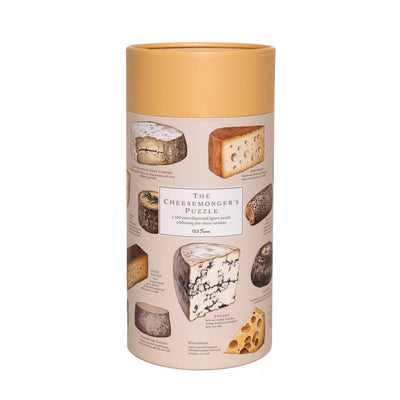 The Cheese Puzzle – 500 Pc Tube with Vintage Illustrations by 123 Farm showcases labeled cheese art on a light background—an ideal gift for cheese lovers or puzzle fans.