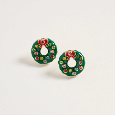 Golden Stella's Enamel Christmas Wreath Earrings feature colorful ornaments, red bows, and zinc construction. Each 0.5-inch stud is displayed on a white background and made in China.