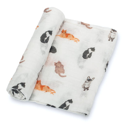 The LollyBanks Here Kitty Kitty Baby Muslin Cotton Blanket is a soft, cozy swaddle featuring playful orange, black, gray, and brown cats in various poses—perfect for newborns.