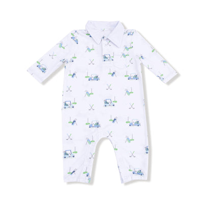 The Baby Golf Carts Polo Romper by Angel Dear features a collar, long sleeves, and golf-themed prints in blue, green, and gray. Made from soft bamboo viscose for all-day comfort.