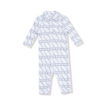 The Golf Club Polo Ribbed Romper by Angel Dear is a long-sleeve romper with a collar, white base, blue stripes, and golf club and ball illustrations, made from soft Modal spandex for comfort.