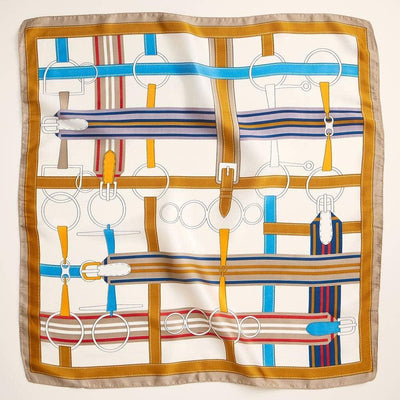 The Equestrian Buckle Print Square Silky Satin Scarf by Sensibling Corp. showcases interwoven belts and metallic buckles in gold, blue, gray, and brown on a white background with a tan border—an elegant equestrian accessory.