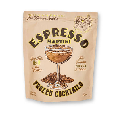 The packaging for Espresso Martini Frozen Cocktail Mix by NOBLE MICKS features an illustrated martini glass with a brown drink and coffee beans. It reads Espresso Martini, Frozen Cocktails, and highlights the simplicity of Just Add H2O and Vodka for a natural, party-ready drink.