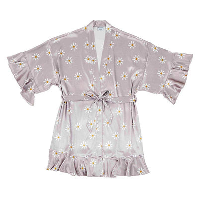 Bella Sleep + Spas Ruffled Satin Robe - Daisy is a luxurious light gray silky satin robe adorned with white and yellow daisy patterns. It features ruffled edges on wide sleeves and hemline, a matching belt, and is machine washable for effortless care.