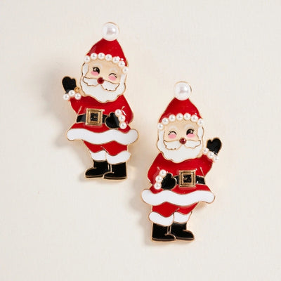 Two festive Winking Santa Earrings by Golden Stella, each 2 inches tall and made in China from zinc, shaped like Santa in red suits, black boots, and white beards with pearl accents on hats and coats, winking and smiling against a light background.