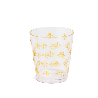 The Core Home Bee Print 15oz Embossed Tumbler features a repeating yellow bee pattern and a thin gold rim. Made from food-safe polystyrene, it’s a charming addition to your kitchen essentials.