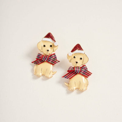 The Christmas Dog Golden Retriever Ribbon Post Earrings by Designature New York feature festive pups in Santa hats and striped bows—perfect for dog lovers or as a playful holiday accent to your favorite jewelry.