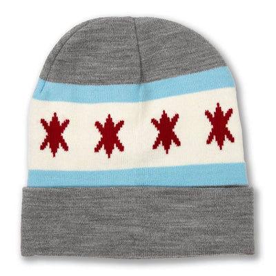 The Chicago Flag Knit Hat: Gray by Transit Tees is an acrylic beanie with two light blue stripes, a white band, and four red six-pointed stars—an homage to the Chicago flag.