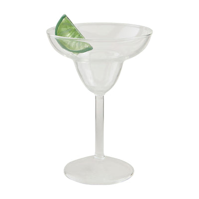 The Mud Pie Margarita Lime Glass features a clear design with a green lime slice attached to the rim, displayed against a plain white background.